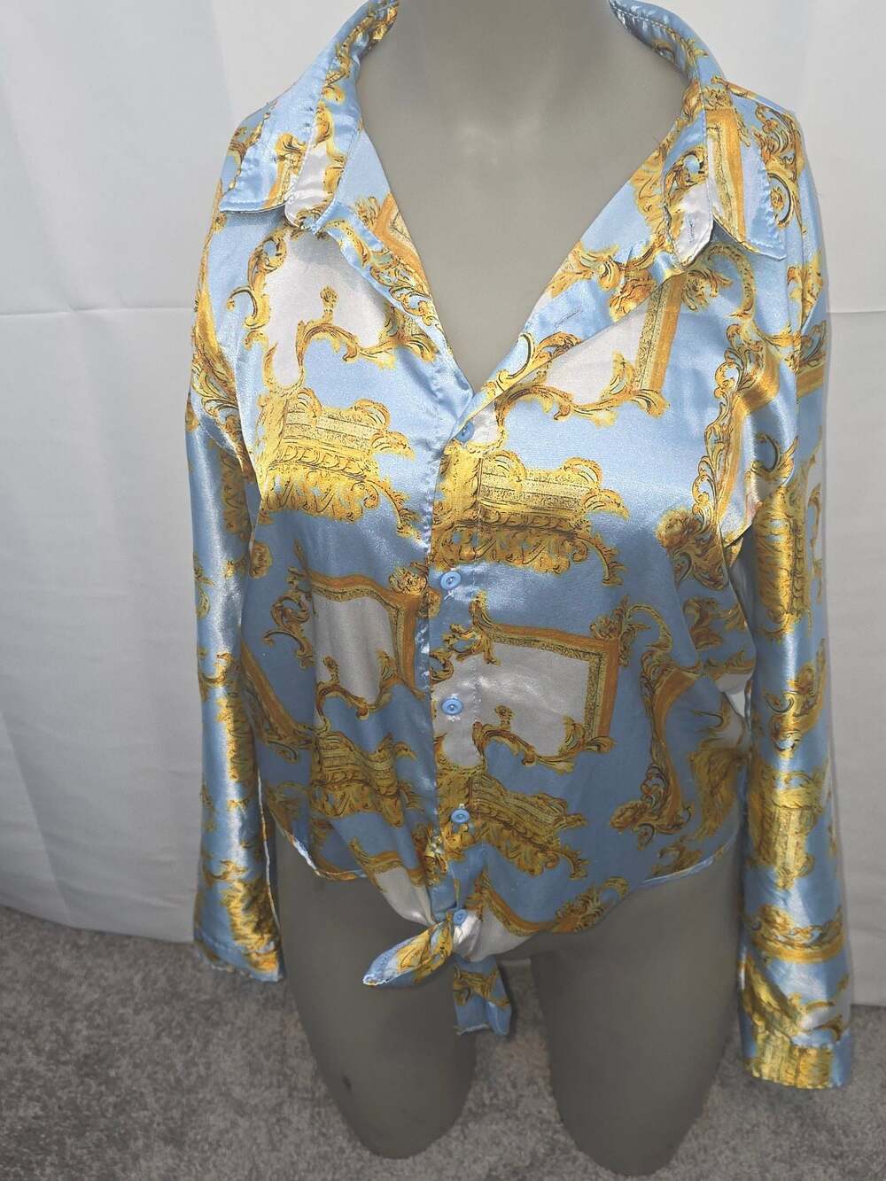 Birch and Stone Long Sleeve Button Up Satin Shirt Top Blue Gold Baroque Print St